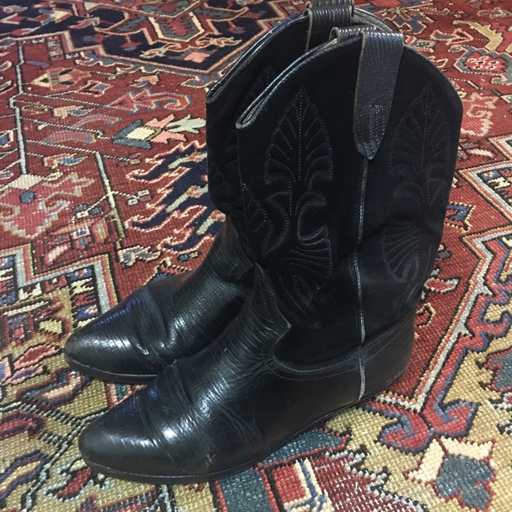 Vintage Black Leather & Suede Cowboy Boots
